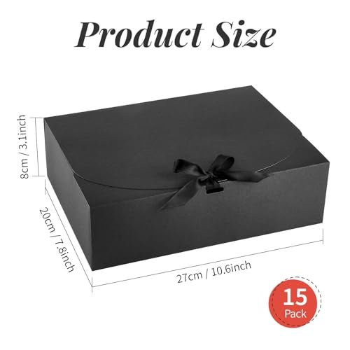 Kucoele 15 PCS Gift Boxes with Lids for Presents, 10.6 x 7.8 x 3.1 Inches Black Bridesmaid Proposal Boxes with Ribbons for Wedding, Birthday, Halloween Party and Bride Shower Packaging - Image 2