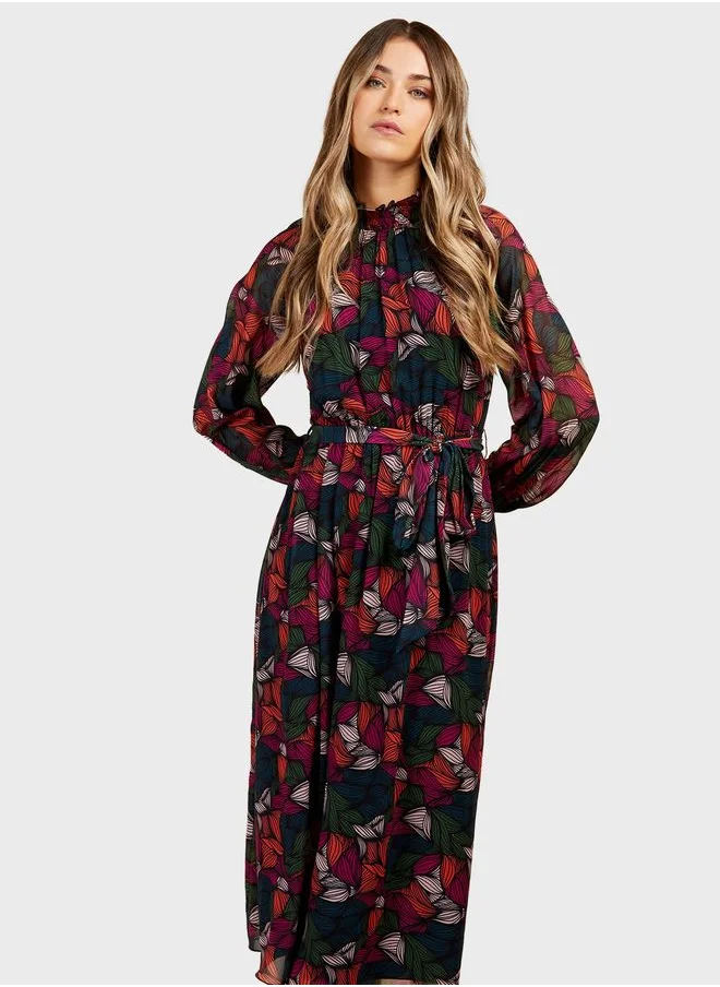 Little Mistress Printed Belted Midi Dress