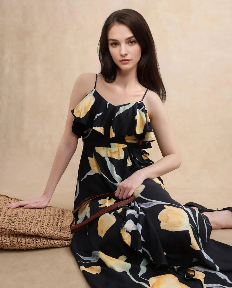 ريريزم Rareism Women's Jantoto Black 100%Viscose Fabric Shoulder Straps Zipper Closure Sleeveless Floral Print Fit And Flare Midi Dress