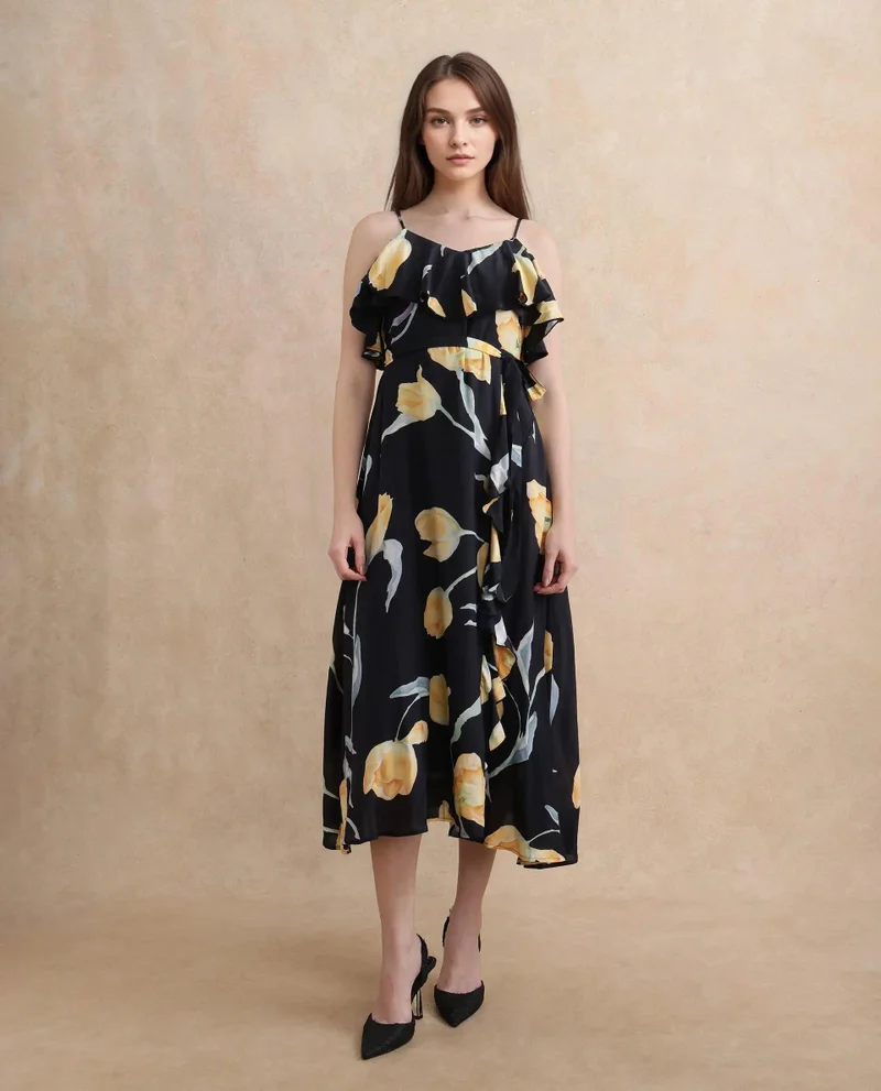 Rareism Women's Ruffled Strappy Midi Dress