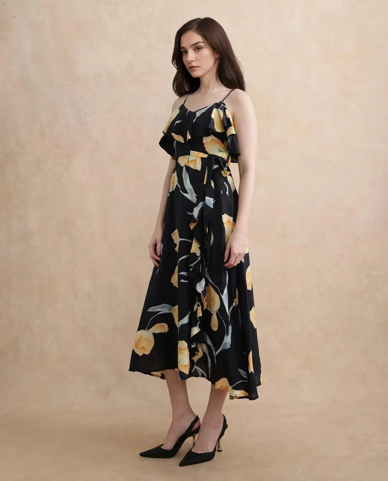 Rareism Women's Ruffled Strappy Midi Dress