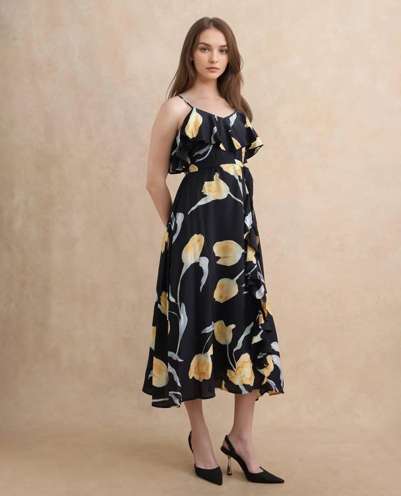 Rareism Women's Ruffled Strappy Midi Dress