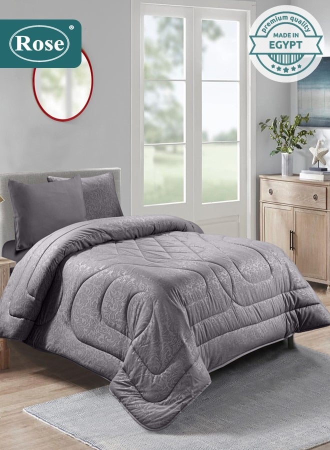 روز طقم مفرش صيفي فلوري بحشوة ثابتة, مايكروفايبر عالي الجودة, 4 قطع, شديد النعومة ومريح وبارد, لحاف نفر ونص مقاس 170×260 سم, رمادي - Image 1