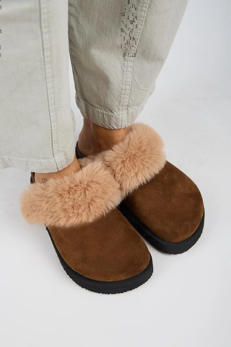 Manijero Manijero Ruzqahi Fur-Lined Women's Genuine Leather Flat Platform Clogs in Tan