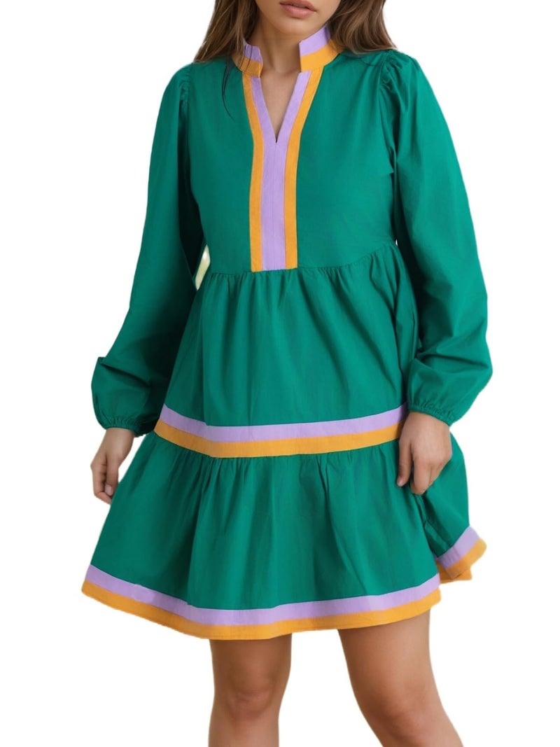 LifeShe Womens Puff Long Sleeve Babydoll Dress V Neck Striped Color Block Tiered Mini Dresses Green - Image 2