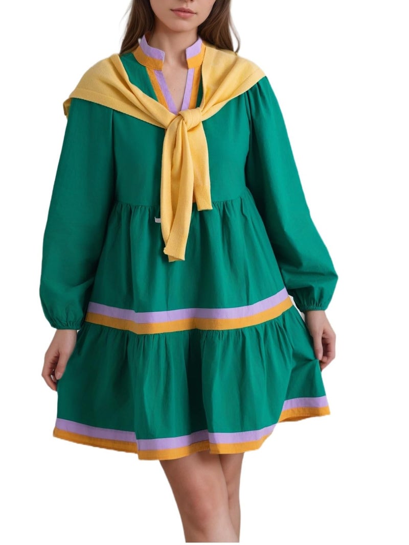 LifeShe Womens Puff Long Sleeve Babydoll Dress V Neck Striped Color Block Tiered Mini Dresses Green - Image 5