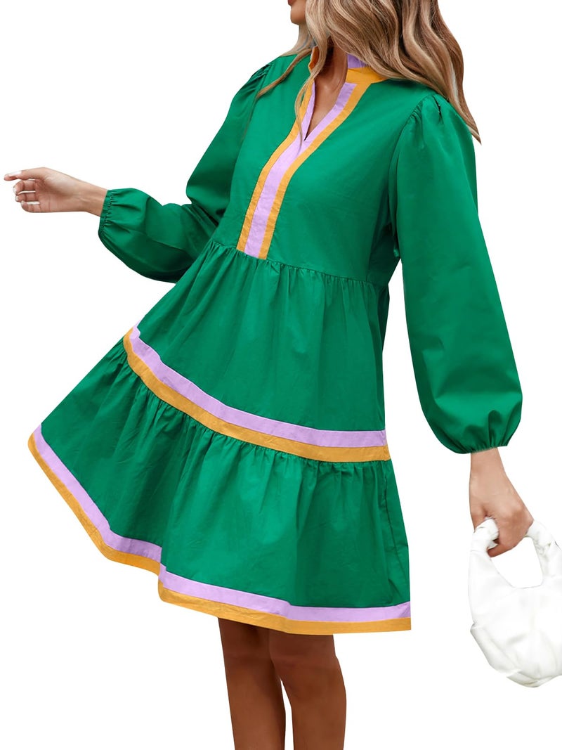 LifeShe Womens Puff Long Sleeve Babydoll Dress V Neck Striped Color Block Tiered Mini Dresses Green - Image 1