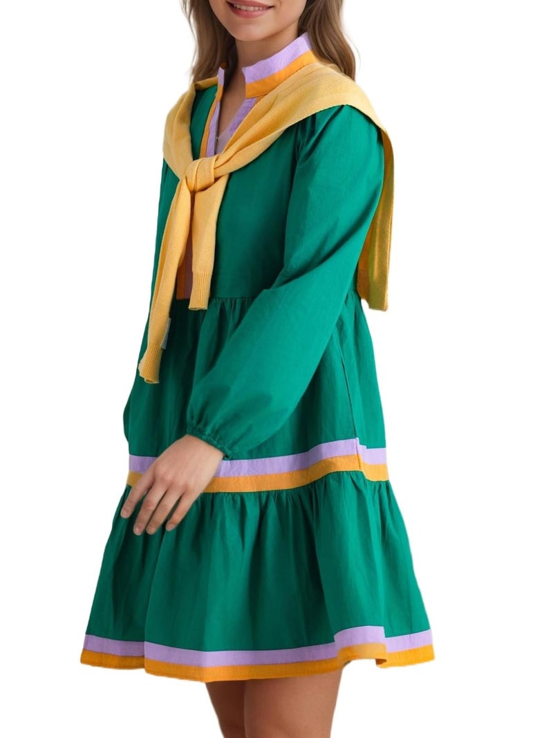 LifeShe Womens Puff Long Sleeve Babydoll Dress V Neck Striped Color Block Tiered Mini Dresses Green - Image 3