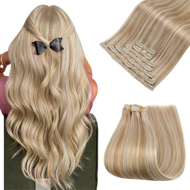 Easyouth Clip in Hair Extensions Real Human Hair Highlights Clip on Hair Extension Human Hair Honey Blonde Highlight Bleach Blonde Remy Human Hair Clips in Extension 20 Inch 7Pcs 120G