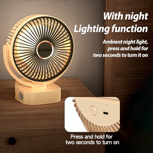 Artifax Rechargeable Clip Fan ART-B-5 with LED Light | Portable Mini Desk & Clamp Fan | 3-Speed | 360° Rotation | USB Charging | 4–6 Hrs Battery | Quiet Fan for Home & Travel (Apricot) - Image 5