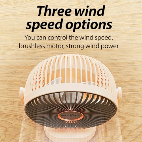 Artifax Rechargeable Clip Fan ART-B-5 with LED Light | Portable Mini Desk & Clamp Fan | 3-Speed | 360° Rotation | USB Charging | 4–6 Hrs Battery | Quiet Fan for Home & Travel (Apricot) - Image 4