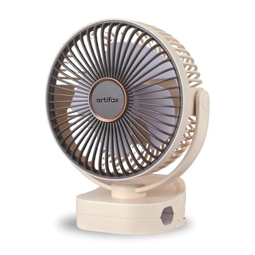 Artifax Rechargeable Clip Fan ART-B-5 with LED Light | Portable Mini Desk & Clamp Fan | 3-Speed | 360° Rotation | USB Charging | 4–6 Hrs Battery | Quiet Fan for Home & Travel (Apricot) - Image 1