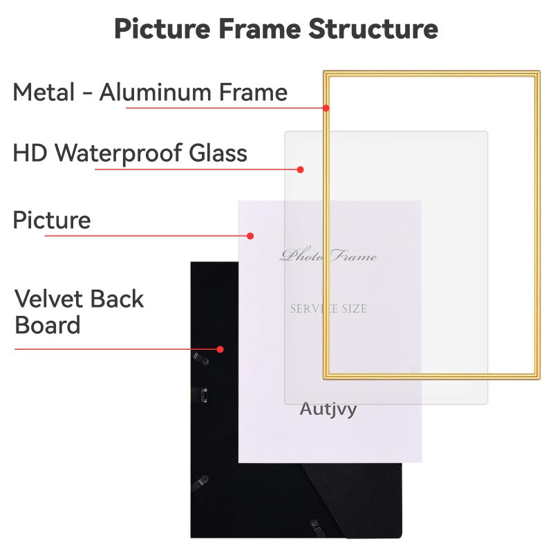 Autjvy 8x12 Picture Frame Set of 2  Matte Gold Modern Simple Thin Aluminum Metal Photo Frame with HD Real Glass  Display for Tabletop and Wall Collage  2 Pack - Image 3