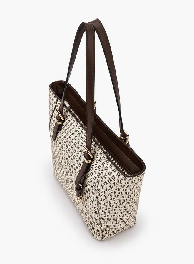 Elle BROWN Monogram Print Tote Bag With Zip Closure for Women | Best Price UAE