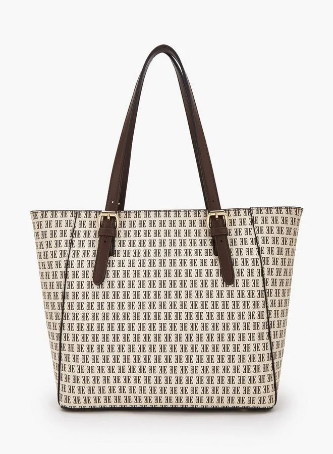 Elle BROWN Monogram Print Tote Bag With Zip Closure for Women | Best Price UAE
