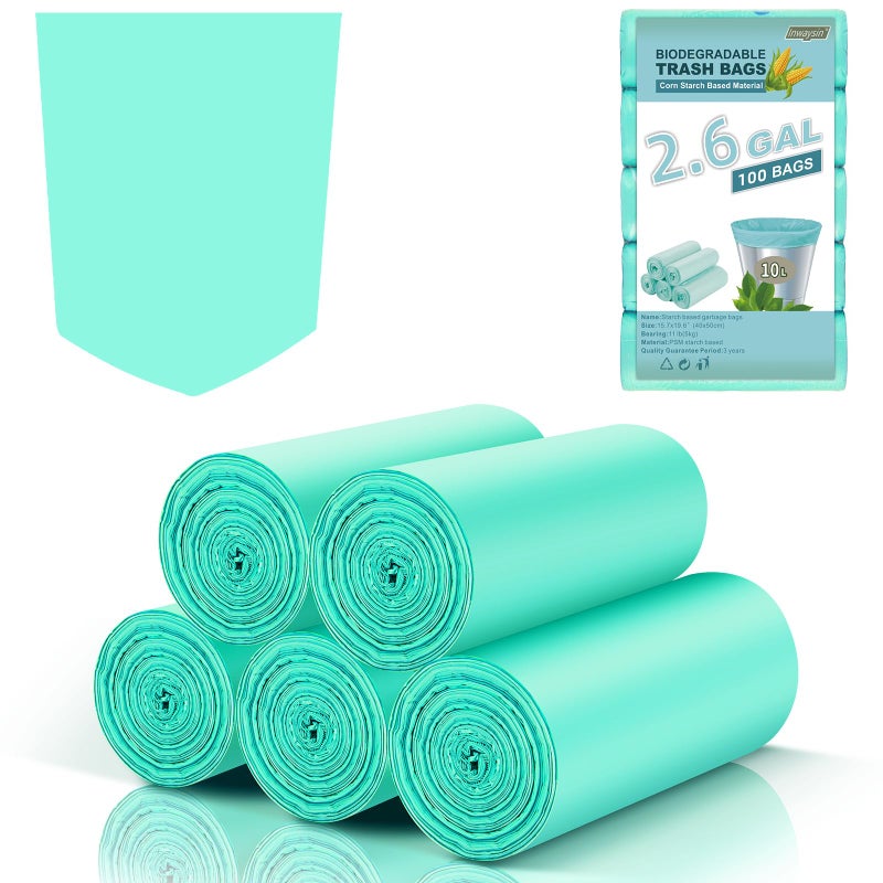 Inwaysin 2.6 Gallon Mini Compostable Trash Bag - Small Garbage Bags For Bathroom Can Blue 100 Count 10 Liter Biodegradable Unscented Waste Basket Liners Bathroom Kitchen Office Strong Thick Inwaysin - Image 1