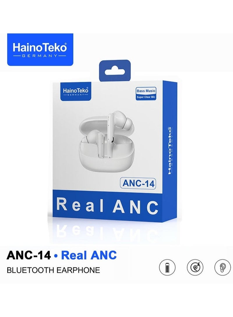 Haino Teko ANC-14 Bluetooth Earphones | Real Active Noise Cancellation | Deep Bass & HD Sound | Super Clear Microphone for Calls | Multi-Functional Touch Controls | Wireless Earbuds Compatible with iPhones & iPads | Long Battery Life & Fast Charging | White - Image 5
