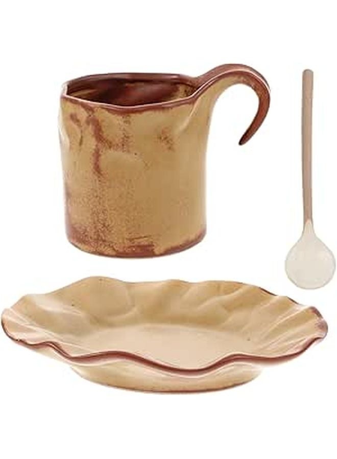 Classic Brown Ceramic Coffee Mug with Saucer Set Small Capacity Tea Cup - Image 1