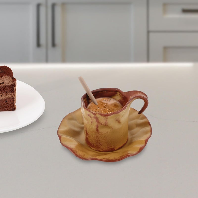 Classic Brown Ceramic Coffee Mug with Saucer Set Small Capacity Tea Cup - Image 4