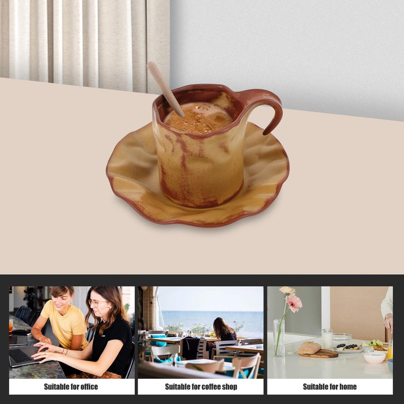 Classic Brown Ceramic Coffee Mug with Saucer Set Small Capacity Tea Cup - Image 5