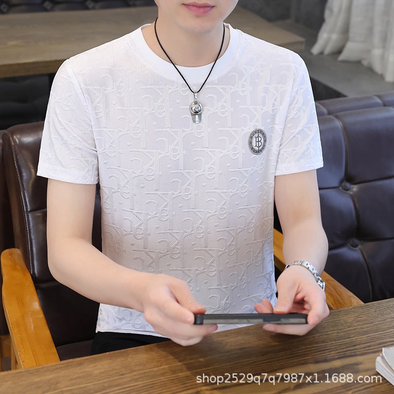 [Real Ice Silk Fabric] Summer Thin All-match Men's T-shirt Short-sleeved Jacquard Round Neck High-end T-shirt - Image 1