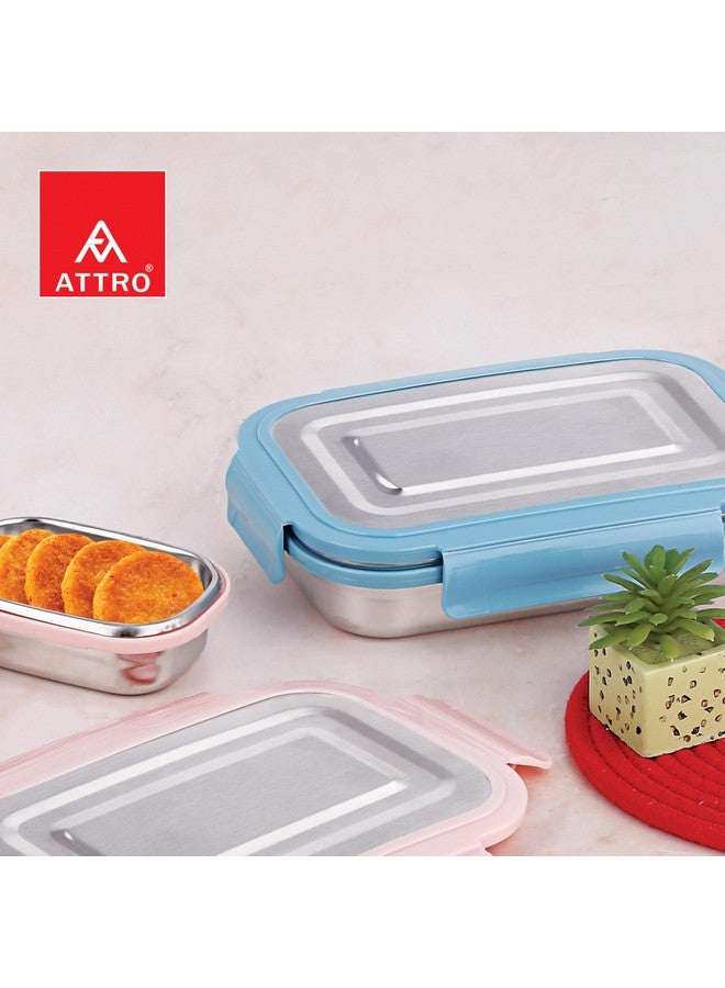 ATTRO Lunchmate Stainless Steel Lunch Box with 1 Small Container Airtight Spill-Proof BPA Free Food Grade Ideal for Office, School, Picnic, 800ml+180ml- Blue - Image 4