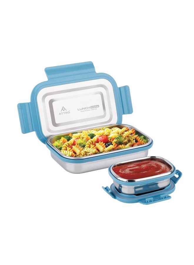 ATTRO Lunchmate Stainless Steel Lunch Box with 1 Small Container Airtight Spill-Proof BPA Free Food Grade Ideal for Office, School, Picnic, 800ml+180ml- Blue - Image 1