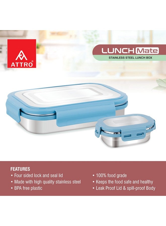 ATTRO Lunchmate Stainless Steel Lunch Box with 1 Small Container Airtight Spill-Proof BPA Free Food Grade Ideal for Office, School, Picnic, 800ml+180ml- Blue - Image 2