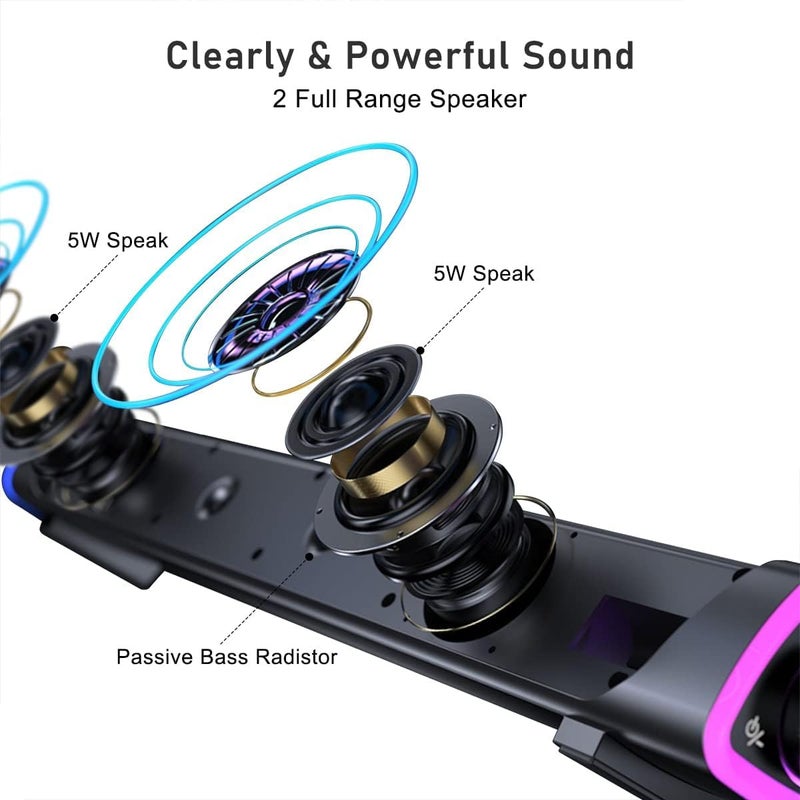 KASTWAVE Computer Speakers, Wired USB-Powered Bluetooth V5.3 PC Sound Bar, Colorful RGB Lights with Switch Button, Surround Sound Portable Computer SoundBar Speaker for Desktop Laptop Phone(Black） - Image 2