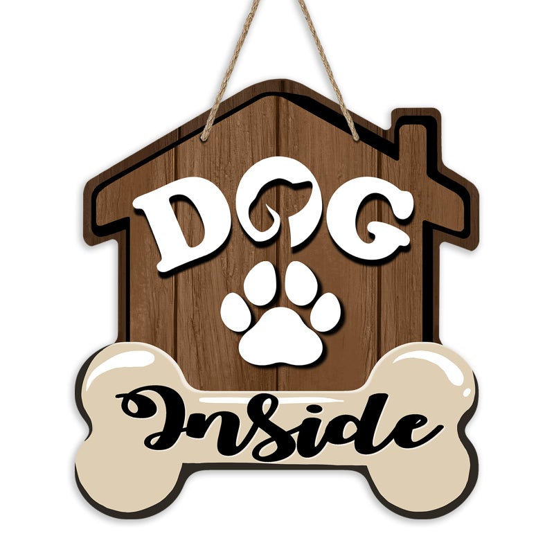Bolisom Dog Inside Front Door Sign, Doghouse Bone Paw Prints Wood Door Hanger Outdoor Outside Porch Decor, Farmhouse Wooden Wreath Indoor Wall Hanging Decoration Pet Owner Lover Gift - Image 1