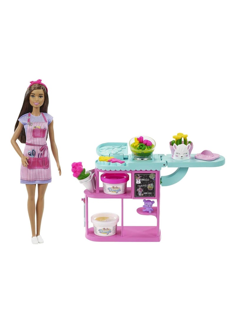 Mattel BARBIE - Barbie Florist Playset with 12-in Brunette Doll, Flower-Making Station, 3 Doughs, Mold, 2 Vases & Teddy Bear - Image 1