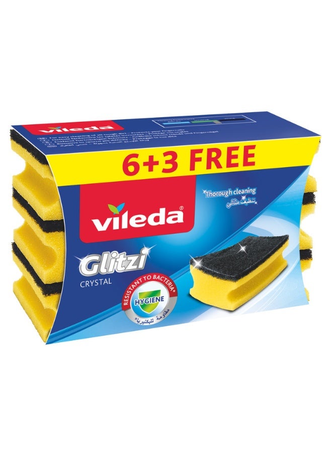 Vileda Glitzi Crystal Dishwashing Sponge Scourer 6+3 Value Pack – Antibacterial Black Abrasive Pad + Soft Foam, Strong Scrub for Tough Dirt, Daily Kitchen Cleaning for Pots, Pans, Trays & Sinks – Dish Sponge