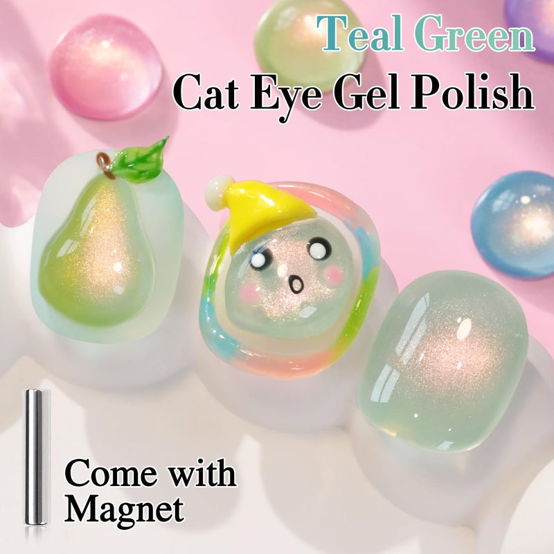 Double Rhythm 0.5 OZ Cat Eye Gel Polish with Magnet 15ML Holographic Glitter Shimmer Translucent Jelly Color Magnetic Nail Polish Salon DIY at Home (Light Green-MC1212) - Image 2