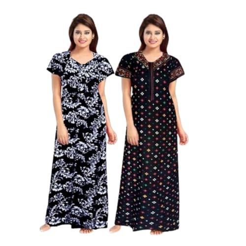 NEGLIGEE Women's Cotton Printed Maxi NightGown Nighty for Women Ankle Length Night Dress - Pack Of 2 (Free Size, Black & Blue) - Image 1