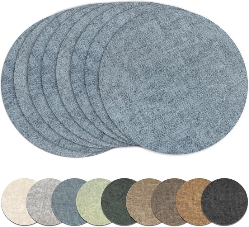 NCUE 13" Round Placemats Set of 8, Reversible Faux Leather Heat Resistant Table Mats, Waterproof Oilproof Wipeable Table Protective Placemats for Vinyl, Washable for Indoor & Outdoor Use (8, Light Blue) - Image 1