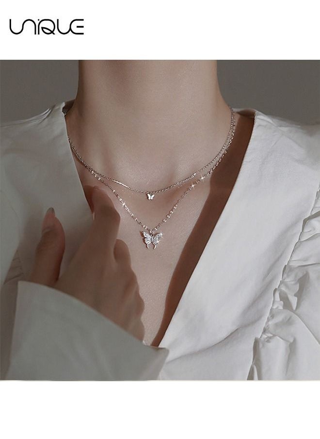 Unique Lady Butterfly Necklace, Layered Butterfly Pendant Necklace Simple Butterfly Necklace Lady's Minimalist Fashion Jewelry Gift for Girl (Silver)  - Image 4