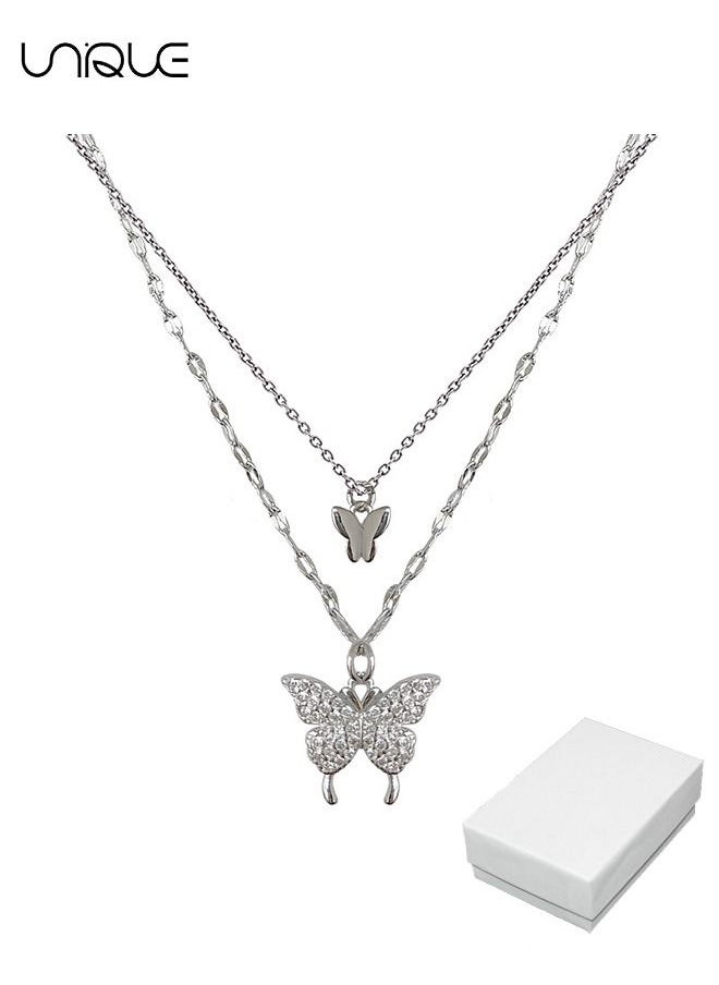 Unique Lady Butterfly Necklace, Layered Butterfly Pendant Necklace Simple Butterfly Necklace Lady's Minimalist Fashion Jewelry Gift for Girl (Silver)  - Image 1