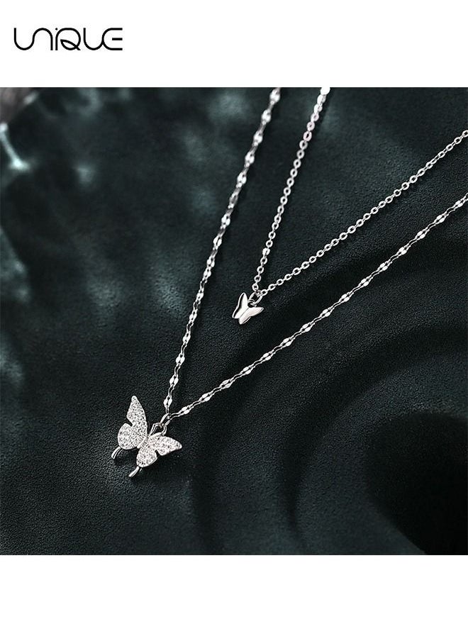 Unique Lady Butterfly Necklace, Layered Butterfly Pendant Necklace Simple Butterfly Necklace Lady's Minimalist Fashion Jewelry Gift for Girl (Silver)  - Image 2