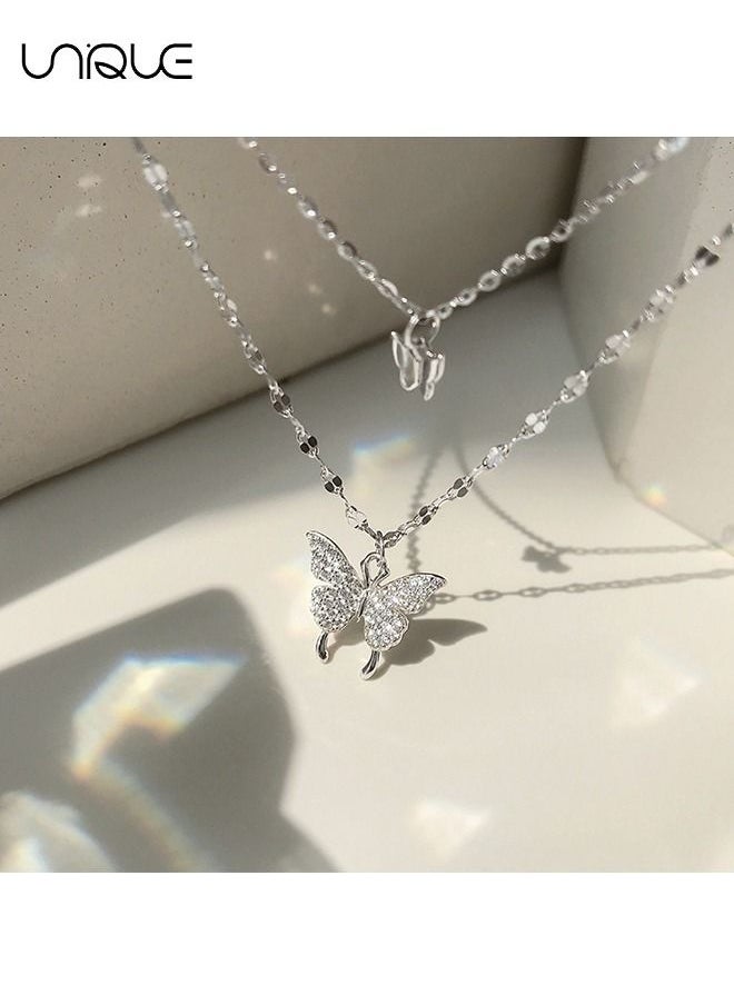 Unique Lady Butterfly Necklace, Layered Butterfly Pendant Necklace Simple Butterfly Necklace Lady's Minimalist Fashion Jewelry Gift for Girl (Silver)  - Image 3