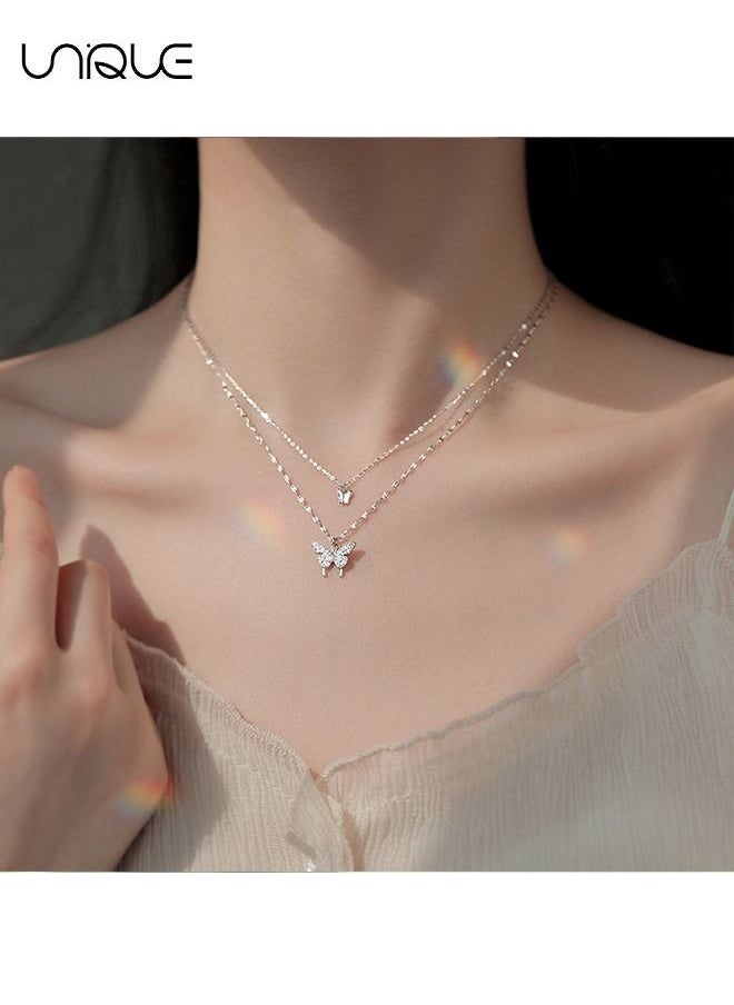 Unique Lady Butterfly Necklace, Layered Butterfly Pendant Necklace Simple Butterfly Necklace Lady's Minimalist Fashion Jewelry Gift for Girl (Silver)  - Image 5