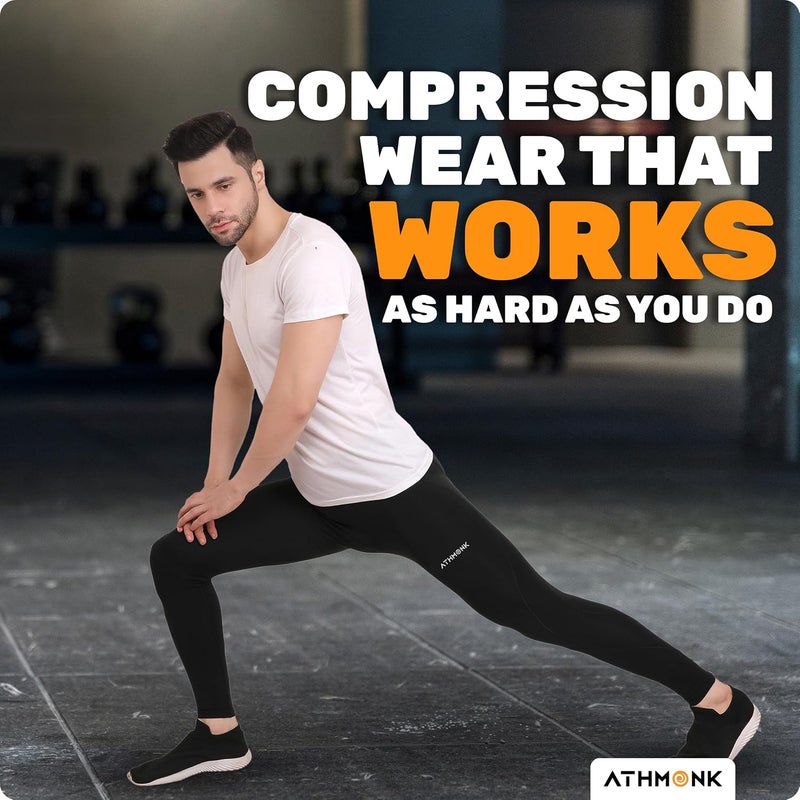Athmonk Compression Nylon Lycra Lower Leggings Tights Yoga Pants for Men Boys - Workout Gym Exercise Running Cycling Training - Full Leg Sleeves - Cold Weather Sports Inner - Skinny Fit - Image 4