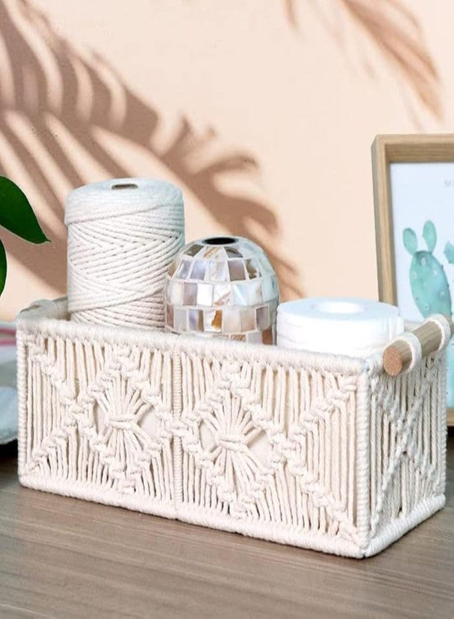 COTTONCUBE Macrame cotton side handles tray basket rectangle for shelf, carry, gift packing storage, fruits (Off-white, Medium Size 12x6x4.5 Inch inch) pack of 1 - Image 1