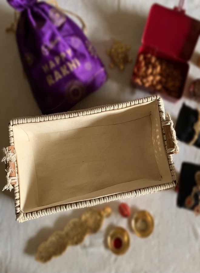 COTTONCUBE Macrame cotton side handles tray basket rectangle for shelf, carry, gift packing storage, fruits (Off-white, Medium Size 12x6x4.5 Inch inch) pack of 1 - Image 3