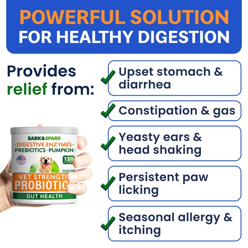Bark&Spark Vet Strength Dog Probiotics Chews & Digestive Enzymes for Allergies Itchy Skin - Dogs Digestive Health - Gas, Diarrhea, Constipation Relief Pills - Prebiotics for Dogs Gut Health (120 Ct) - Image 5