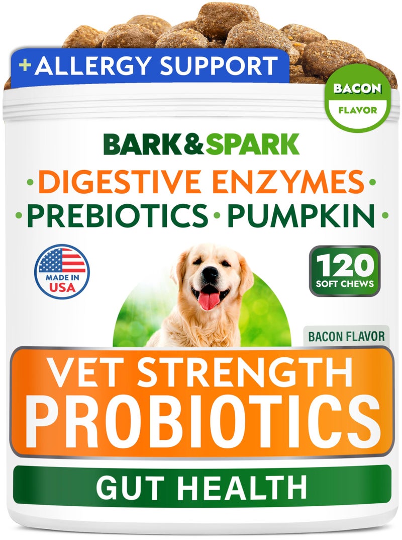 Bark&Spark Vet Strength Dog Probiotics Chews & Digestive Enzymes for Allergies Itchy Skin - Dogs Digestive Health - Gas, Diarrhea, Constipation Relief Pills - Prebiotics for Dogs Gut Health (120 Ct) - Image 1