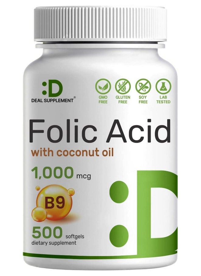 DEAL SUPPLEMENT Folic Acid 1000 Mcg (1 Mg) 500 Coconut Oil Softgels; Bioavailable Prenatal Vitamins (Vitamin B9) 1667 Mcg Dfe Easy To Swallow Nongmo & No Gluten  - Image 1
