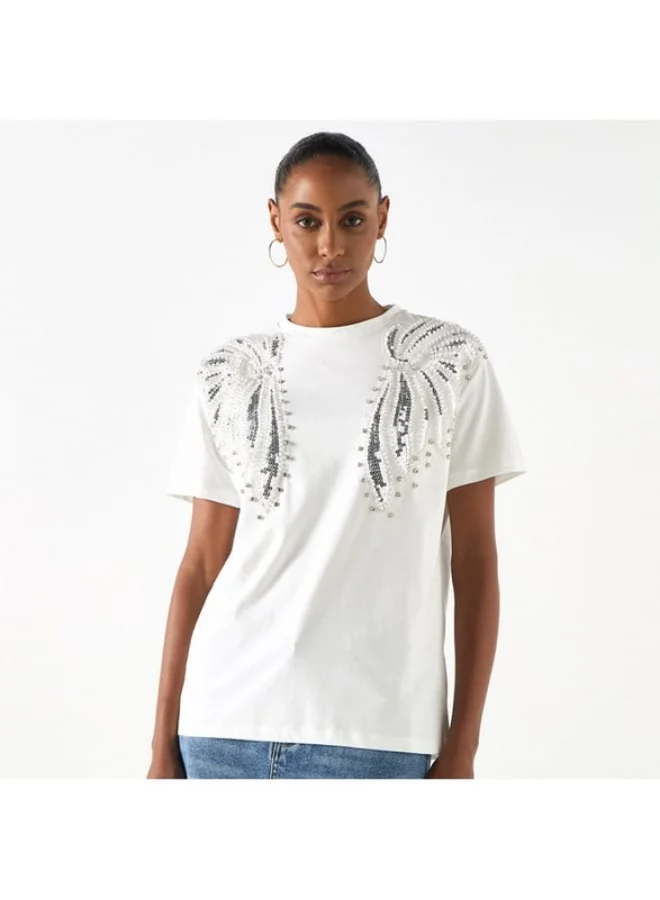 2Xtremz 2Xtremz Embellished Crew Neck T-shirt with Short Sleeves