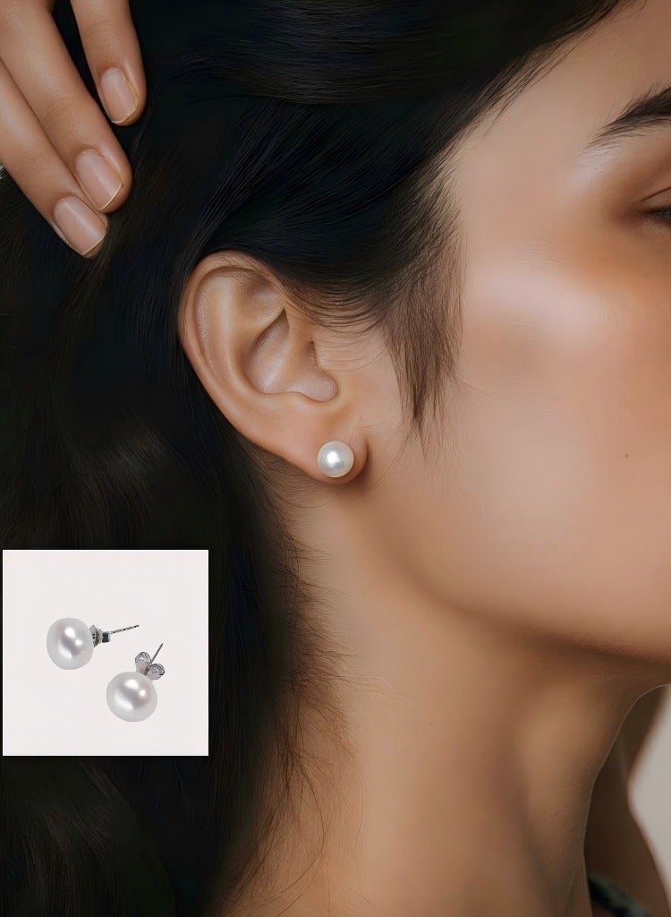 كيليو 925 الفضة الاسترلينية,أقراط اللؤلؤة الحقيقية الطبيعية للمياه العذبة,8mm (أبيض) - Image 1