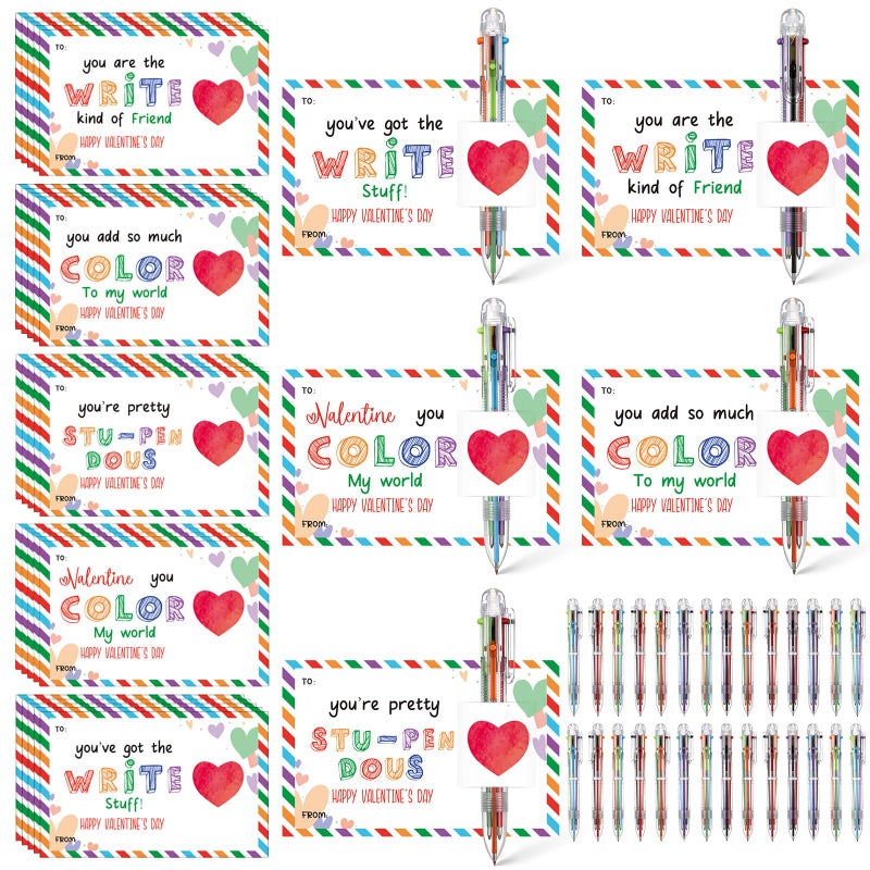Sabary 28 Set Valentines Day Card and Multicolor Pen Gift Greeting Card and Retractable Multicolored Pen for Kids School Valentine's Day Student Classroom Exchange Gift Party Favor (Clear,6-in-1) - Image 1