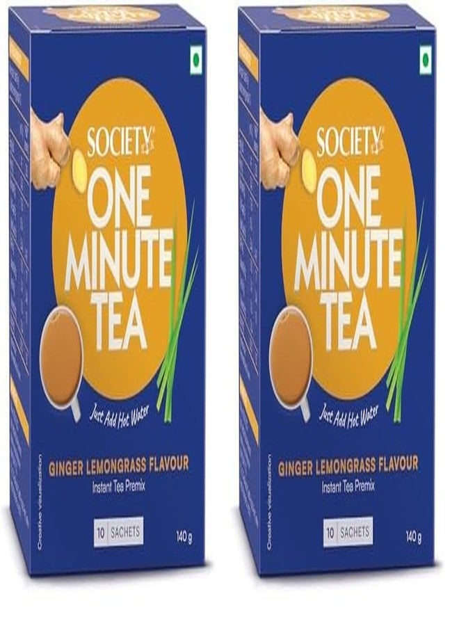 Society One Minute Tea | Ginger Lemongrass Flavour | Made with Lemongrass & Ginger | Flavoured Instant Tea | 14g X 10 Sachets (140g) | Pack of 2